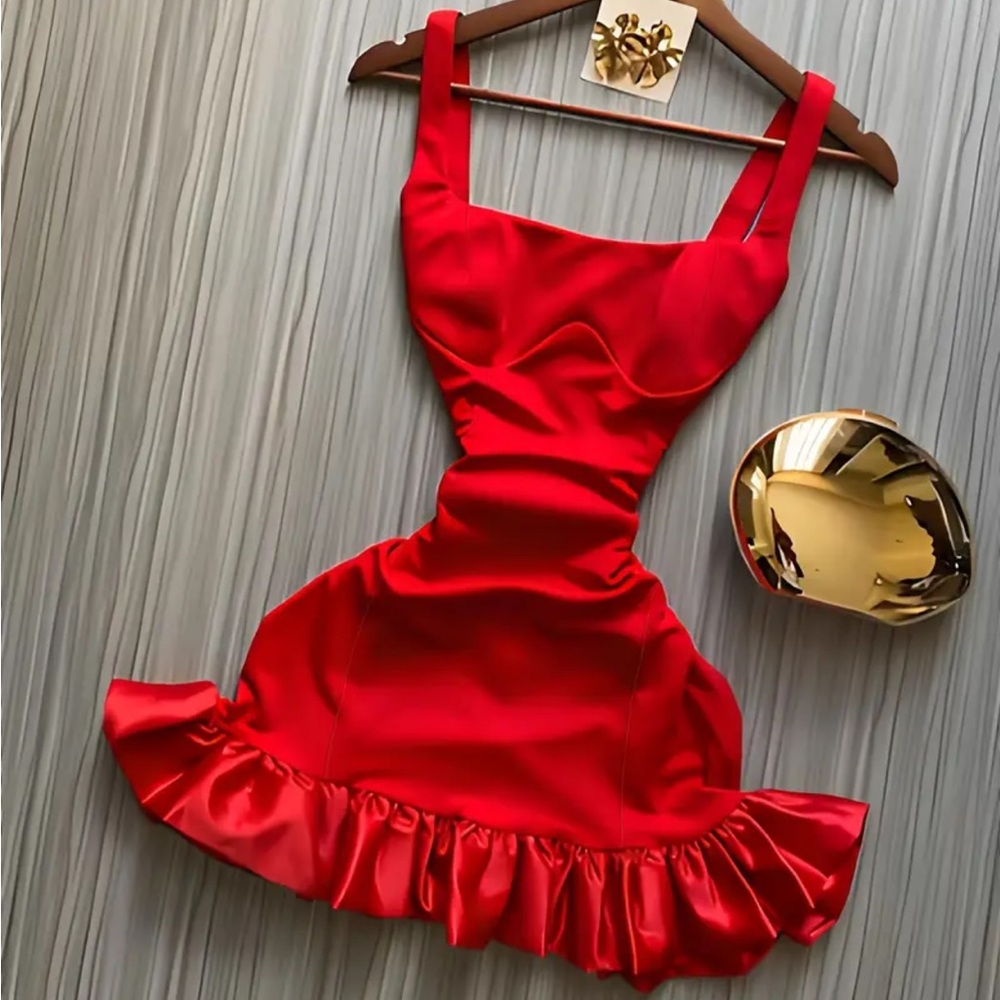 Red Ruched Satin Ruffle Hem Dress - Unbranded